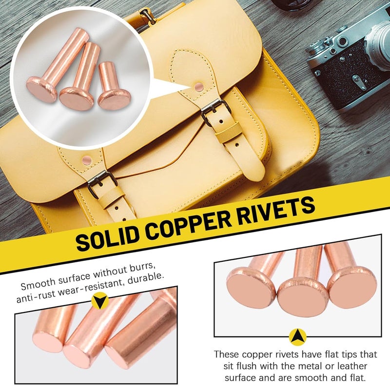 Mardatt 270Pcs Flat Head Copper Solid Rivets Kit, M2 M2.5 M3 Solid Copper Rivets Fasteners, Flat Head Rivets Solid Copper Rivets for Electrical Applications, Leather Working Supplies - Image 3